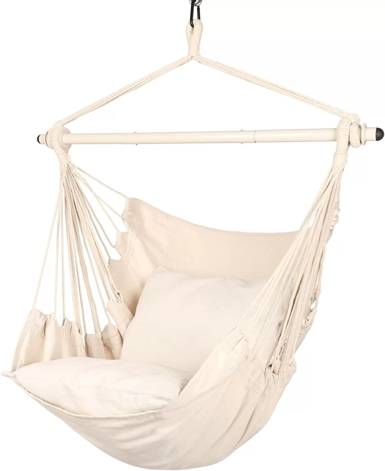 Viseća ljuljaška sa 2 jastuka – bež, udobno platno i drveni držač Viseća ljuljaška sa 2 jastuka – bež, udobno platno i drveni držač