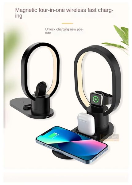 4u1 bežična stanica za punjenje za iPhone 13 12 ProMax, 15W bežični punjač sa postoljem i noćnom lampom za iWatch 7 6 i AirPods 3