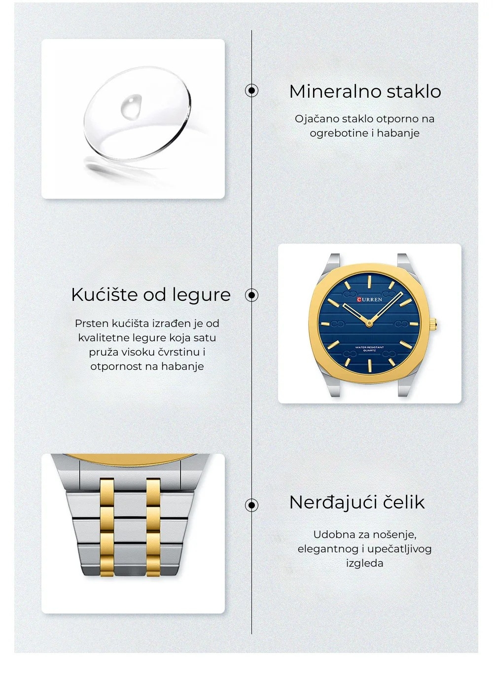 Detalji materijala za muški sat Curren 8444 - mineralno staklo, kućište i nerđajući čelik.