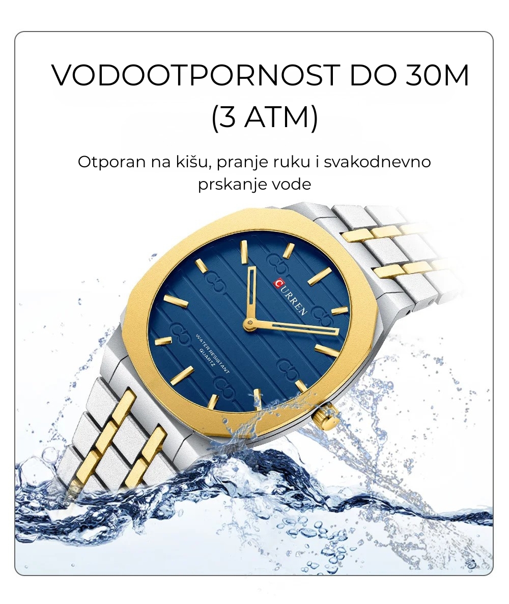 Prikaz vodootpornosti od 3 ATM za muški sat Curren 8444.